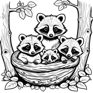 Wohlbehütete Waschbär-Babys im kuscheligen Nest Ausmalbild für süße Kreativlinge
