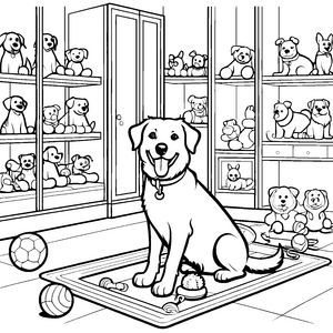 Schwarz-weißer Hund neben bunten Spielbällen Ausmalmotiv für kleine Spielabenteurer