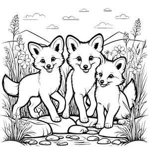 Drei aufregende Fuchs-Welpen die den Mond anheulen Ausmalbild für neugierige Nachthimmelforscher
