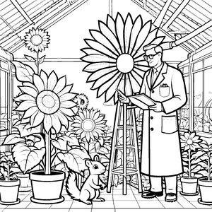 Verrückter Wissenschaftler mit überdimensionalen Sonnenblumen Ausmalvorlage für kreative Pflanzenfreunde