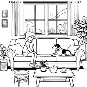 Bezauberndes Retro-Sofa mit treuem Hund Ausmalmotiv für fantasievolle Zuhausegestalter