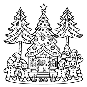 Lebkuchenmänner um festlich beleuchteten Weihnachtsbaum Ausmalbild für fröhliche Entdecker von Weihnachten