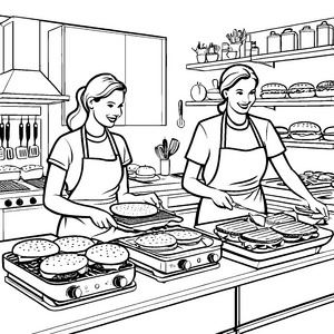 Zwei lachende Frauen zaubern köstliche Burger Ausmalbild für fröhliche Küchenzauberer