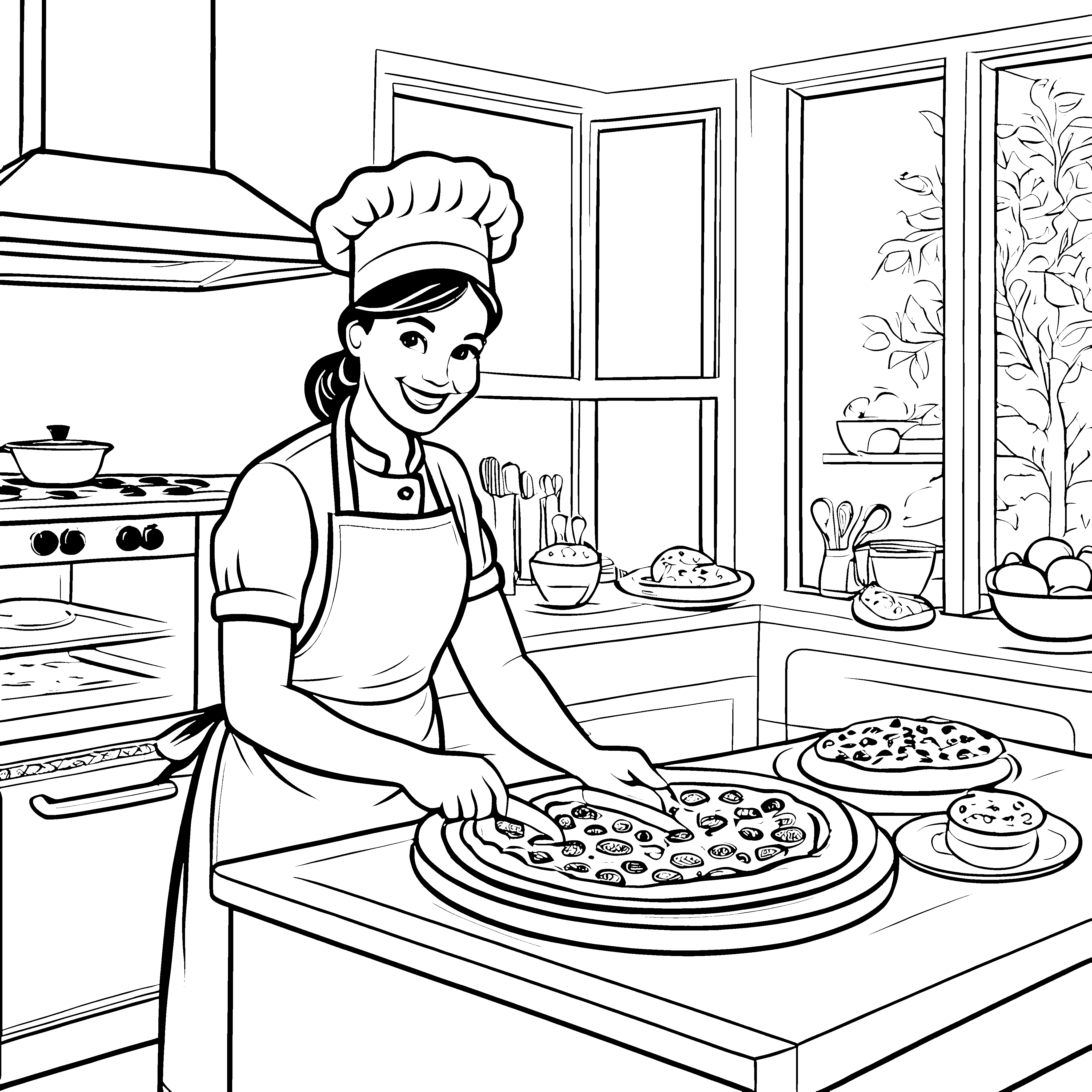Kreative Pizzabäckerin bei der Zubereitung leckerer Pizza Ausmalbild für kleine Küchenchefs
