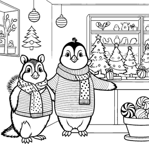 Zwei fröhliche Pinguine im festlichen Weihnachtspullover Ausmalvorlage für kleine Weihnachtsentdecker