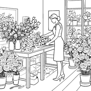 Fantasievolle Blumenfrau bei der Arbeit mit prachtvollen Blüten Malvorlage für kleine Kunstschaffende