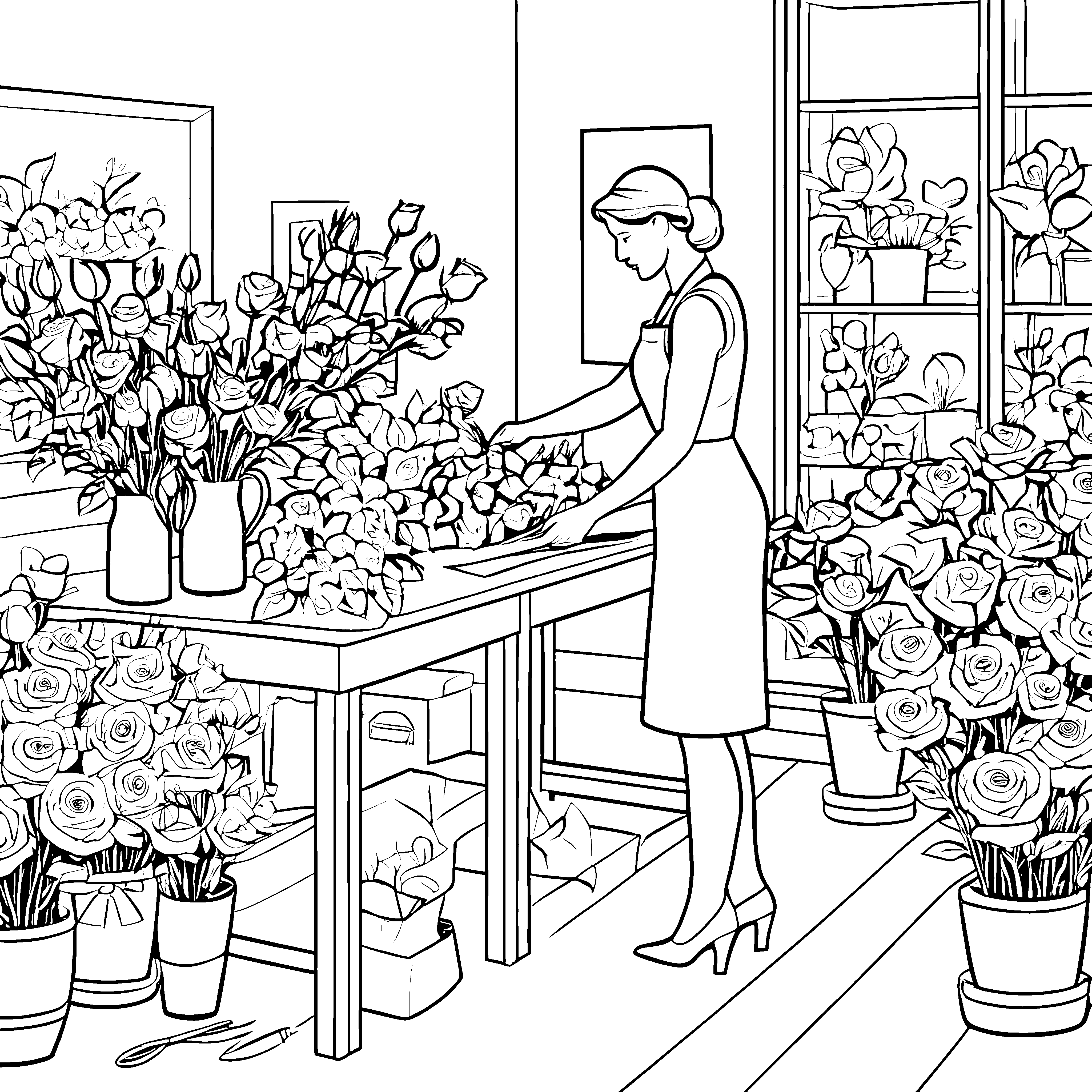 Fantasievolle Blumenfrau bei der Arbeit mit prachtvollen Blüten Malvorlage für kleine Kunstschaffende