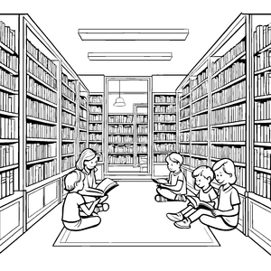 Lesespaß mit Freunden in der Bibliothek Ausmalmotiv für kleine Abenteuerer