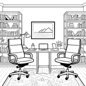 Zwei coole Bürostühle am Schreibtisch Ausmalvorlage für kreative Denker