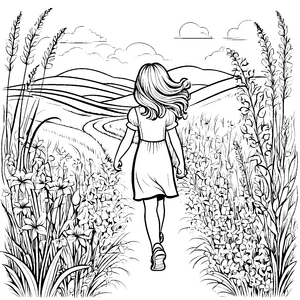 Wundervolle Frau mit Wellenfrisur im blühenden Feld Ausmalbild für träumerische Pflanzenliebhaber