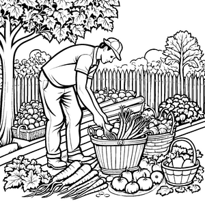 Entspannter Mann mit Gemüsekorb im Garten Ausmalmotiv für naturbegeisterte Entdecker