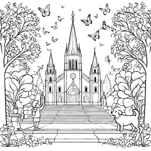 Majestätische Kirche mit tanzenden Schmetterlingen Malvorlage für kreative Entdecker