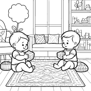 Zwei spielende Babys mit bunten Bauklötzen Ausmalmotiv für kleine Baumeister