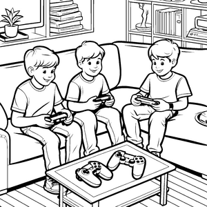 Drei begeisterte Kinder beim gemeinsamen Videospielen Ausmalvorlage für aufregende Spielgefährten