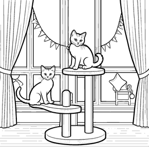 Zwei neugierige Katzen auf kreativem Kratzbaum Malvorlage für abenteuerlustige Tierentdecker