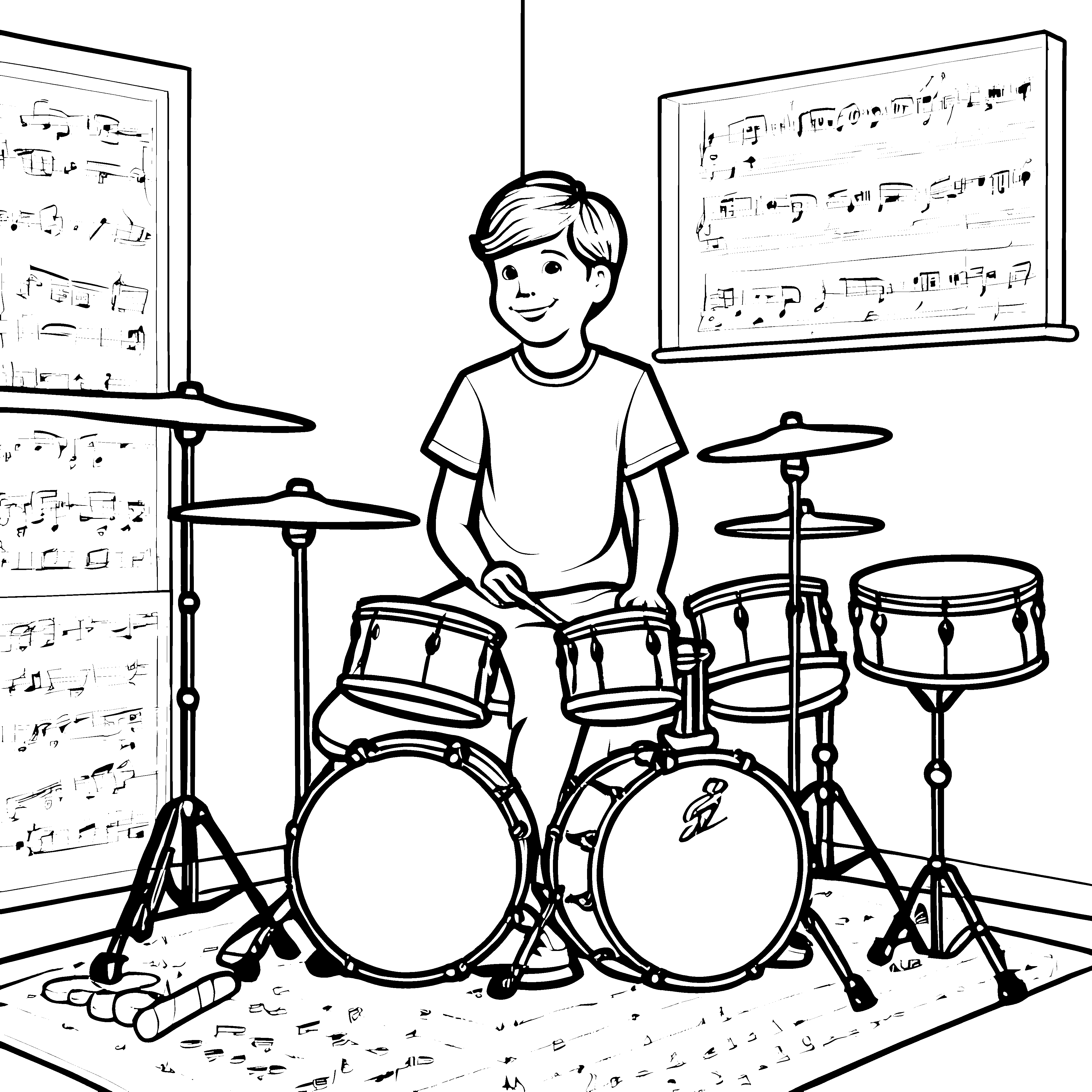 Kleiner Drummer in Aktion am Schlagzeug Malvorlage für fantasievolle Musikzauberer