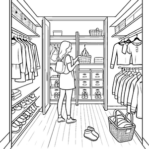 Modischer Wäscheschrank mit stylishen Accessoires Ausmalbild für aufgeweckte Modedesigner