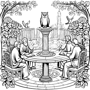 Philosophische Diskussion unter blühenden Bäumen Malvorlage für neugierige Entdecker