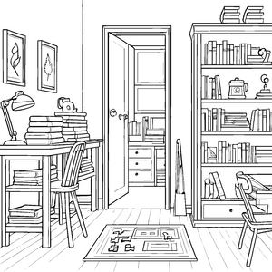 Faszinierender Mehrzweckschrank mit Lesesessel und Büchern Ausmalvorlage für wissbegierige kleine Forscher