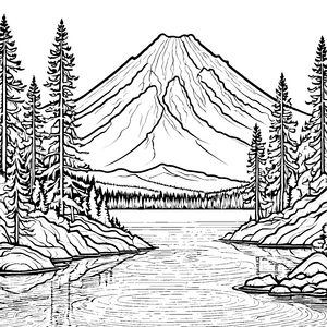 Imposanter Vulkan mit friedlicher Landschaft Ausmalbild für junge Naturforscher