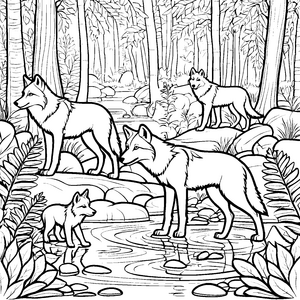 Zwei zauberhafte Wolfsbabys am glitzernden Bachlauf Ausmalmotiv für fantasievolle Naturfreunde
