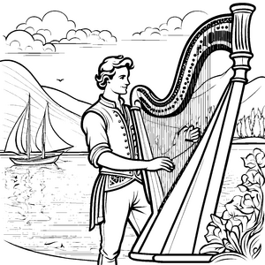 Majestätischer Barde mit großer Harfe am Wasser Ausmalbild für fantasievolle Musikliebhaber