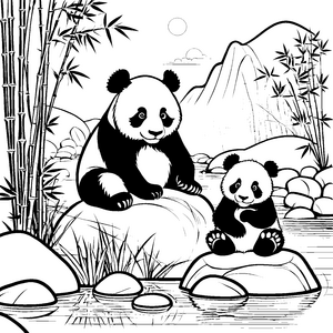Zwei neugierige Pandas am Fluss Ausmalbild für kleine Tierfreunde