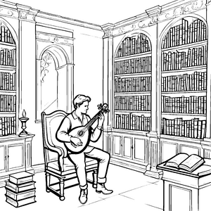 Fesselnder Gitarrist in gemütlicher Bücherstube Ausmalbild für musikalische Entdecker
