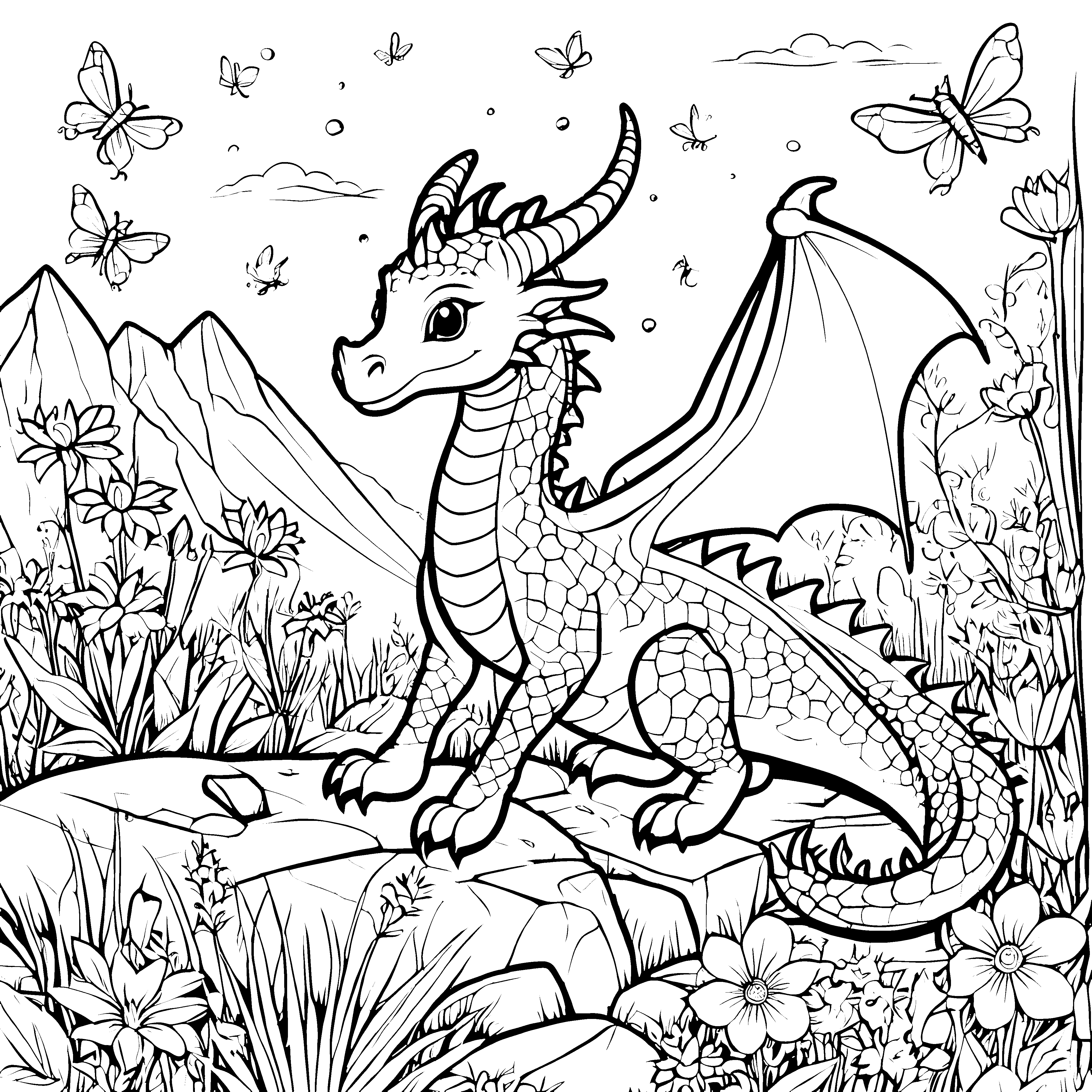 Imposanter Drache auf bunten Blumensteinen Ausmalvorlage für fantasievolle kleine Künstler