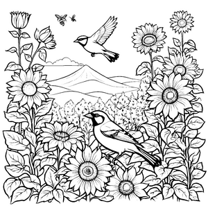 Fröhlicher Vogel auf einer Blüte mit summender Biene Ausmalmotiv für kleine Entdeckerherzen