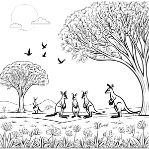 Drei neugierige Känguru-Jungtiere unter einem Baum Ausmalbild für kleine Naturforscher mit großen Träumen