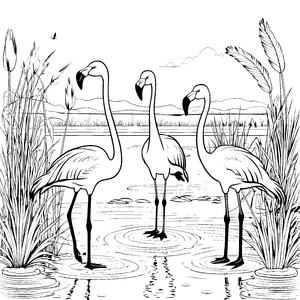 Drei grazile Flamingos am Wasser Ausmalvorlage für kleine Entdecker