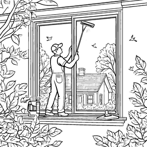 Beeindruckender Fensterputzer mit Teleskopreinigern Ausmalmotiv für kleine Malersterne