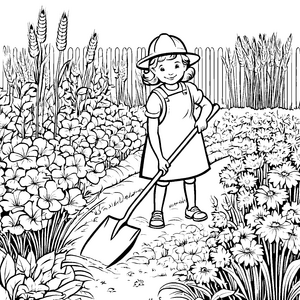 Fantasievolles Mädchen mit Schaufel im blühenden Garten Ausmalmotivation für kleine Pflanzenzauberer
