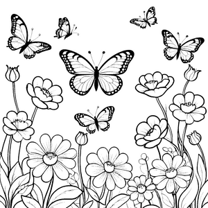 Zauberhafte Schmetterlinge über bunten Blumen Ausmalbild für fantasievolle Künstler