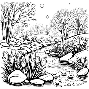 Mystischer Krokusse am glitzernden Fluss Ausmalvorlage für neugierige Naturfreunde mit Abenteuergeist