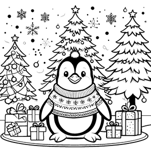 Fröhlicher Pinguin im Weihnachtspullover vor Geschenken Ausmalbild für kleine Weihnachtszauberer
