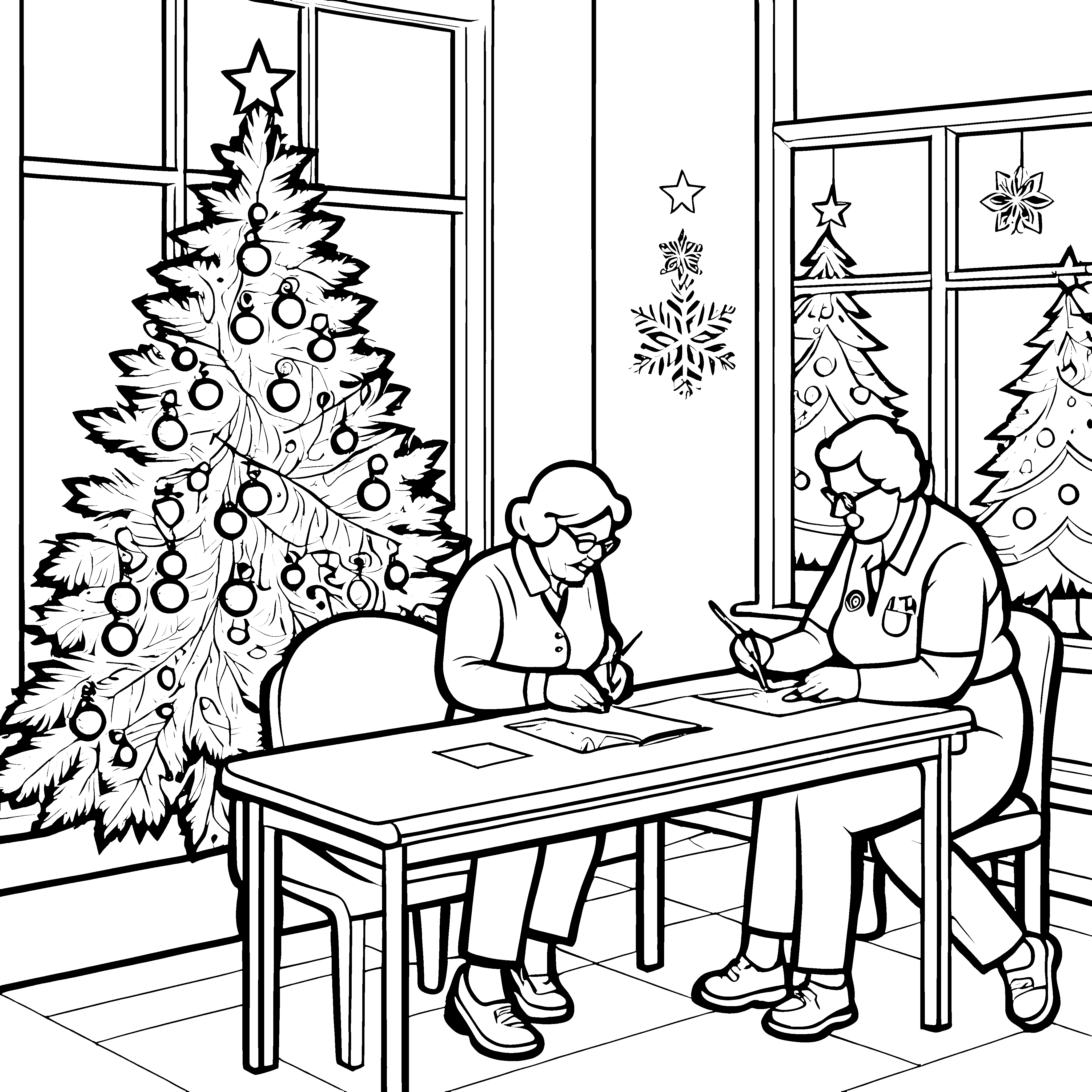 Gemütliche Zusammenkunft älterer Menschen am Weihnachtstisch Ausmalmotiv für weihnachtlich begeisterte Künstler