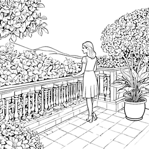 Bezaubernde Frau auf der Terrasse mit Pflanzen Malvorlage für träumerische Künstler