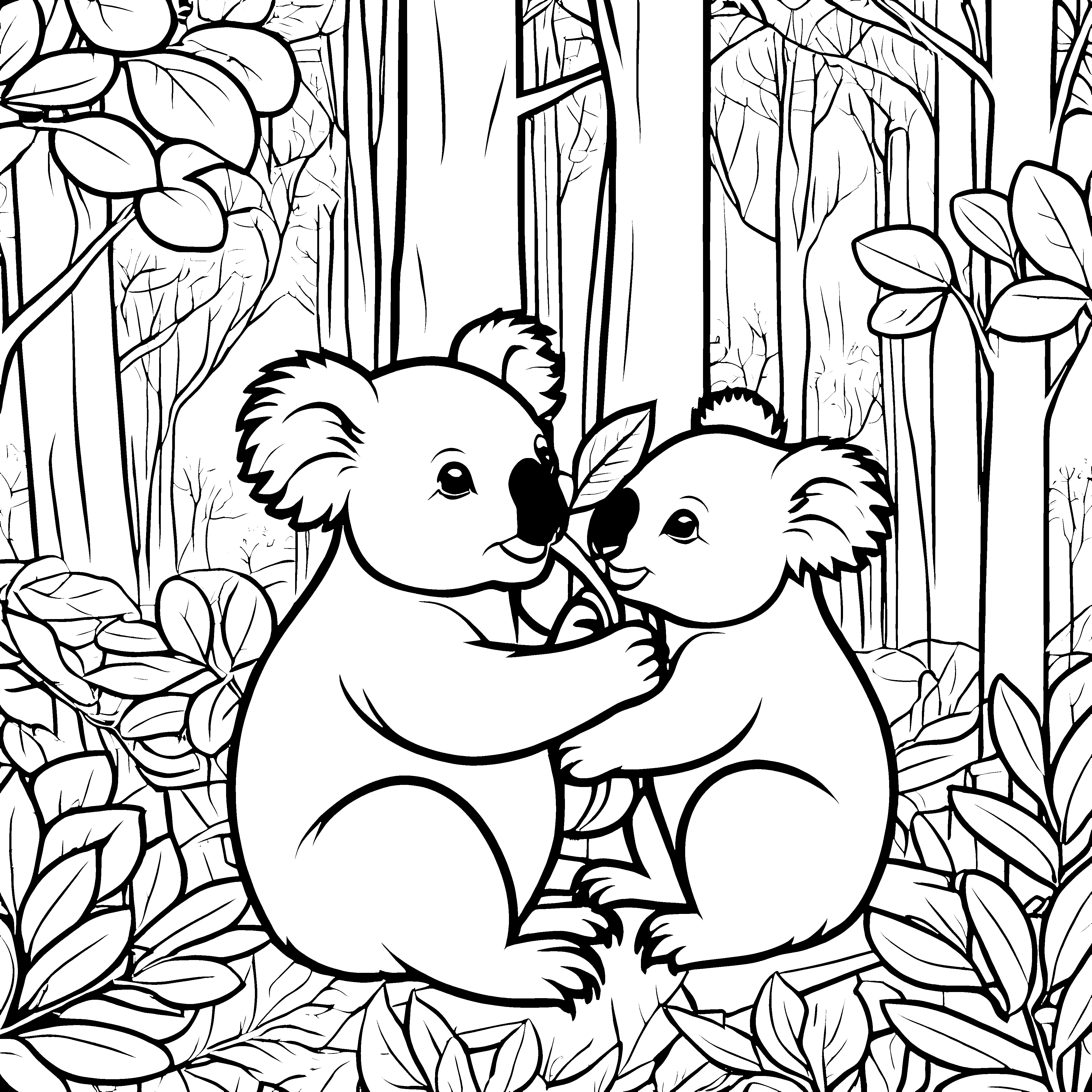 Zwei freundliche Koalas mit Blättern Ausmalvorlage für kleine Naturentdecker