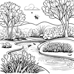 Majestätische Krokusse über glitzerndem Wasser Ausmalbild für junge Naturliebhaber mit sprudelnder Vorstellungskraft