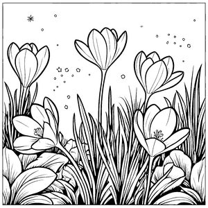 Zarte Krokusse im bunten Wiesenfeld Ausmalmotiv für kreative Naturschützer mit bunten Ideen