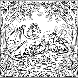 Familie der Drachen in majestätischer Ruhe Ausmalmotiv für kleine Abenteuerliebhaber