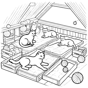 Schmusekatzen im gemütlichen Schlafparadies Ausmalmotiven für liebevolle Tierfreunde