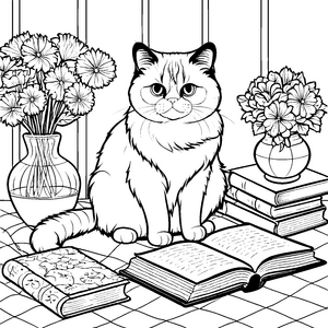 Grummelige Katze zwischen hübschen Blüten Ausmalbild für kreative Tierfreundinnen