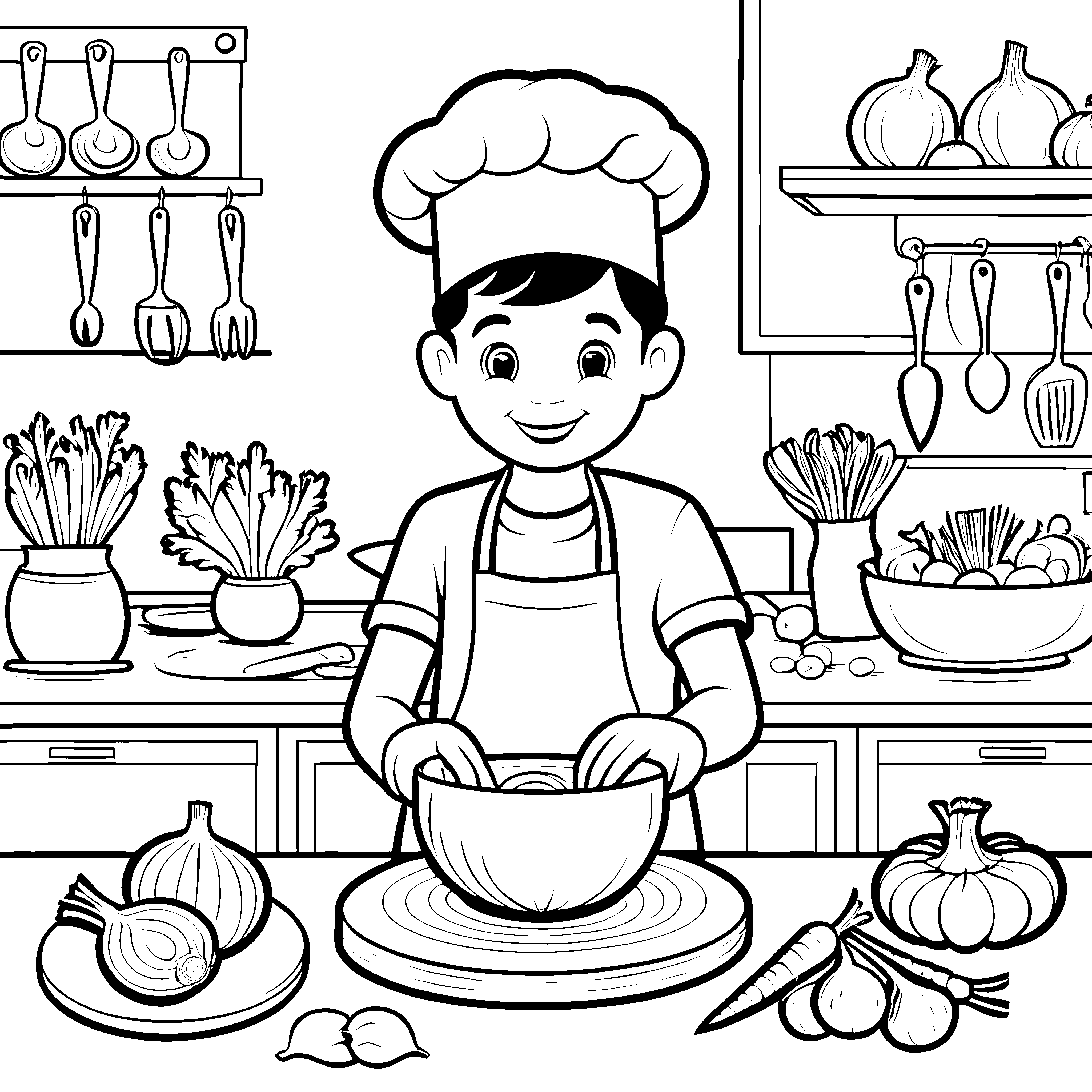 Kreativer Koch mit frischen Zwiebeln Malvorlage für junge Küchenchefs
