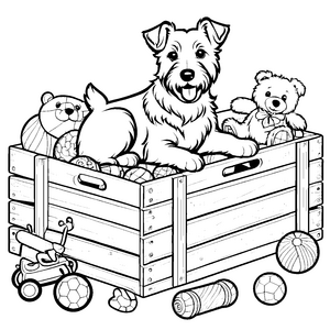 Fröhlicher Hund im Spielzeugkäfig mit Bällen Ausmalbild für spielfreudige Tierliebhaber