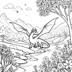 Faszinierender Drache am plätschernden Bachlauf Ausmalvorlage für abenteuerlustige Tierfreunde