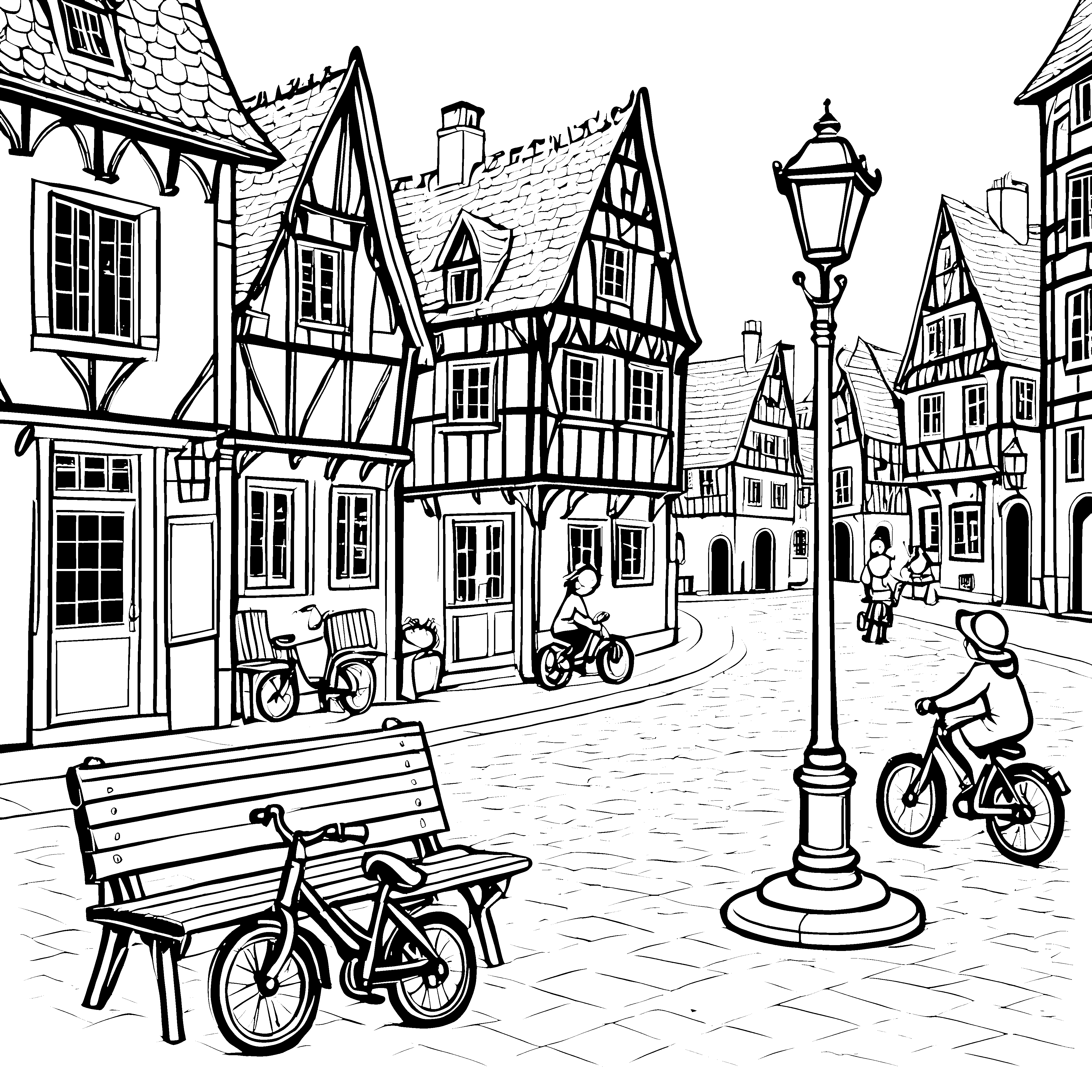 Bezauberndes Fachwerkhaus mit Fahrrädern und Bänken Ausmalbild für fantasievolle Stadtkinder
