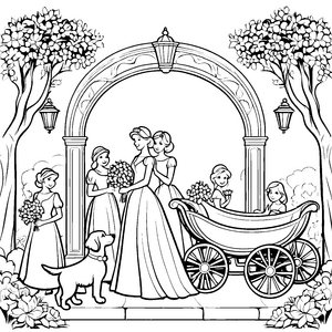 Elegantes Hochzeitskleid mit wunderbarem Blumenstrauß Ausmalbild für stilvolle Feierlichkeiten